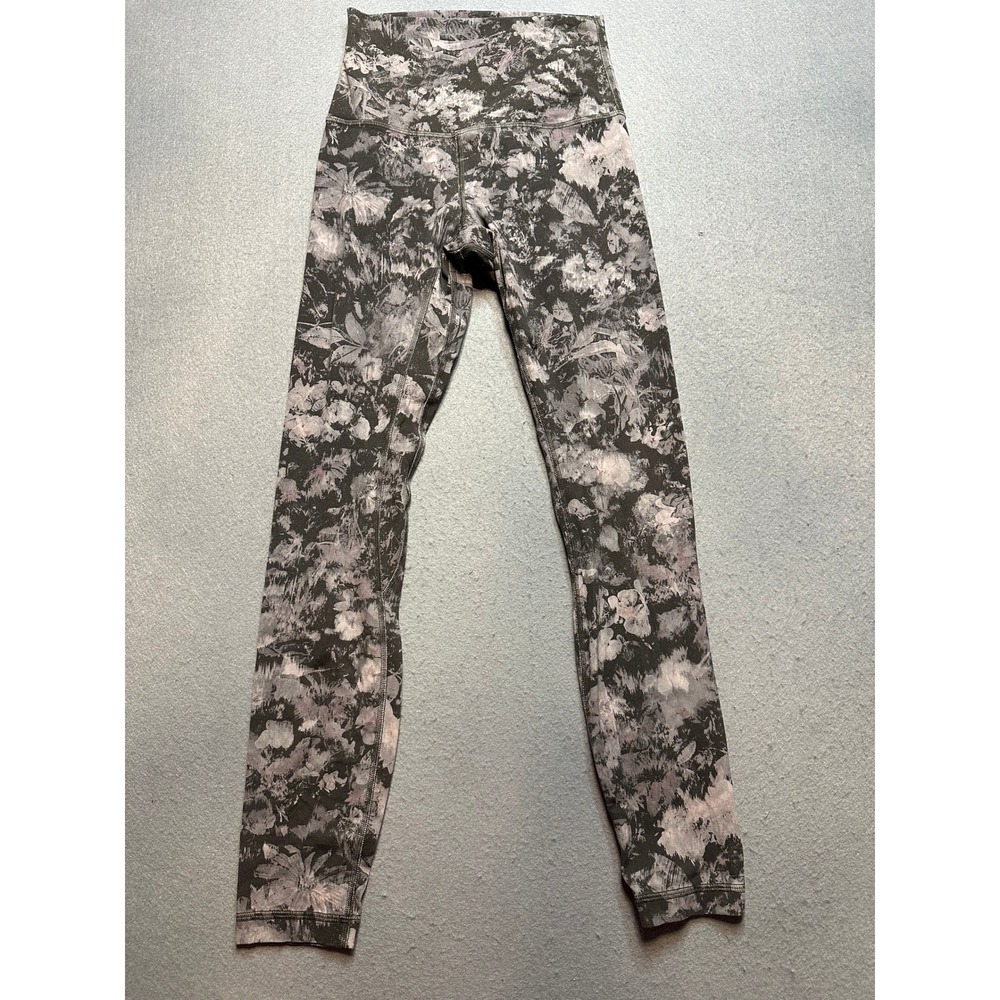 Lululemon Womens Size 2 Grey Black Floral High Rise Yoga Leggings Tights-136